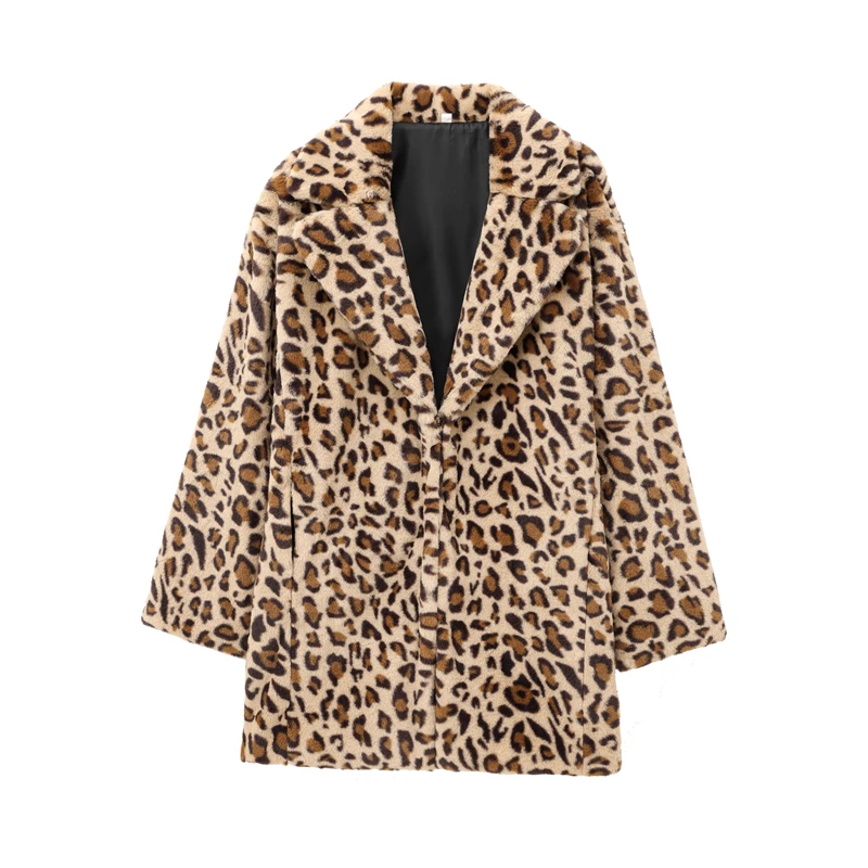 

Lapel Collar Long Sleeve Chic Warm Coat for Cold Weather Women's Leopard Print Faux Fur Overcoat