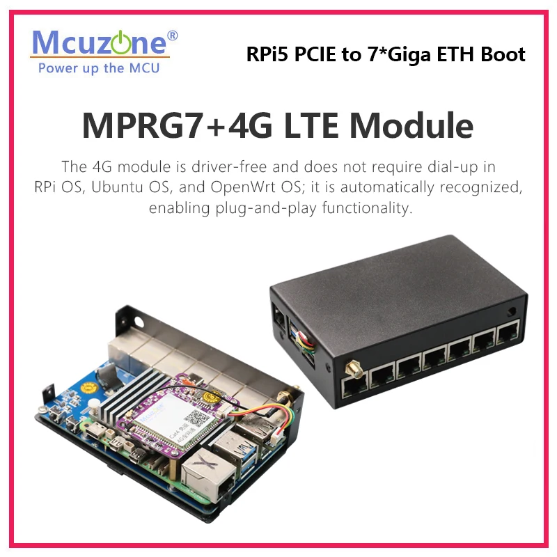 MPRG7, Raspberry Pi 5 PCIE to 7xGiga Ethernet board, driver free with RPi OS and OpenWRT, support Ubuntu, Router