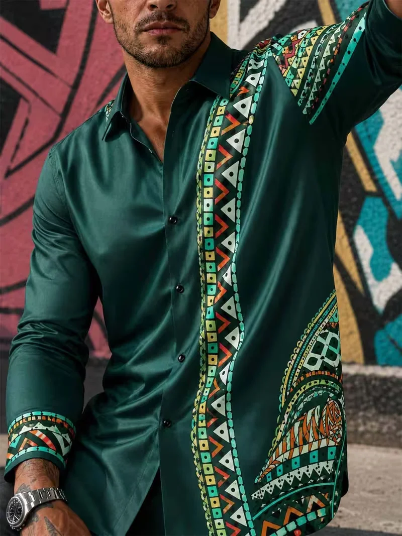 New men's Bohemian tribal totem long sleeved shirt with deep purple geometric pattern men's trendy lapel top