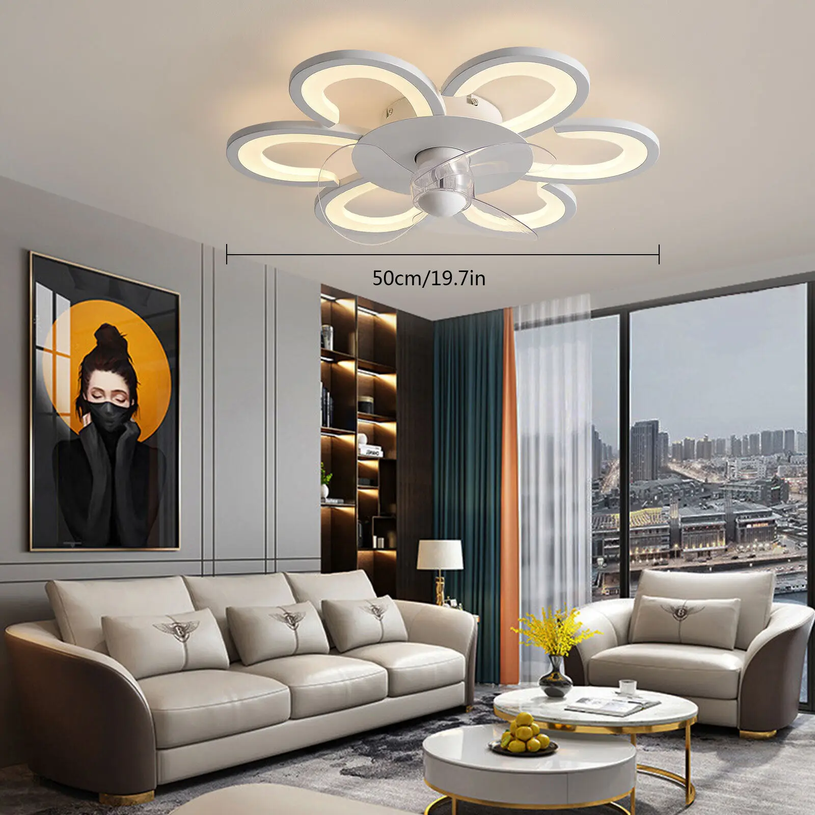 19.7'' LED Ceiling Fan Light Dimmable Speed Adjustable Hanging Lamp Chandelier With Remote Control