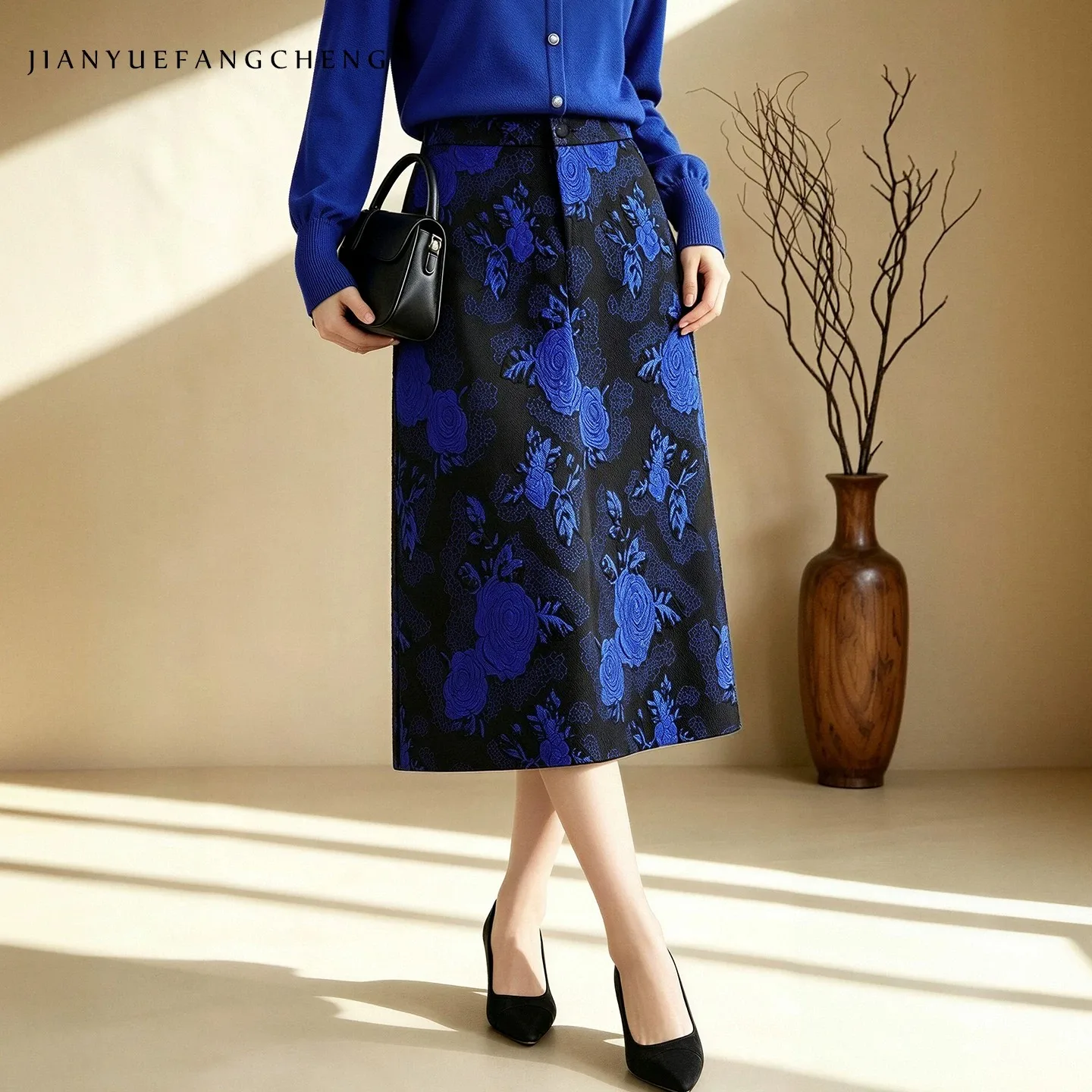 Vintage Womens Jacquard Floral Skirt High Waist Mid-length Straight Skirts 2026 Fall Winter New Fashion Casual Long Skirts