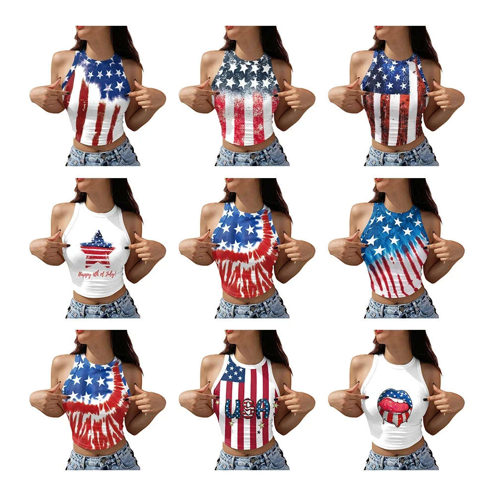 4th of July Women Crop Top Independence Day American Flag Print Streetwear Sleeveless Summer Camisole Harajuku Patriotic Clothes