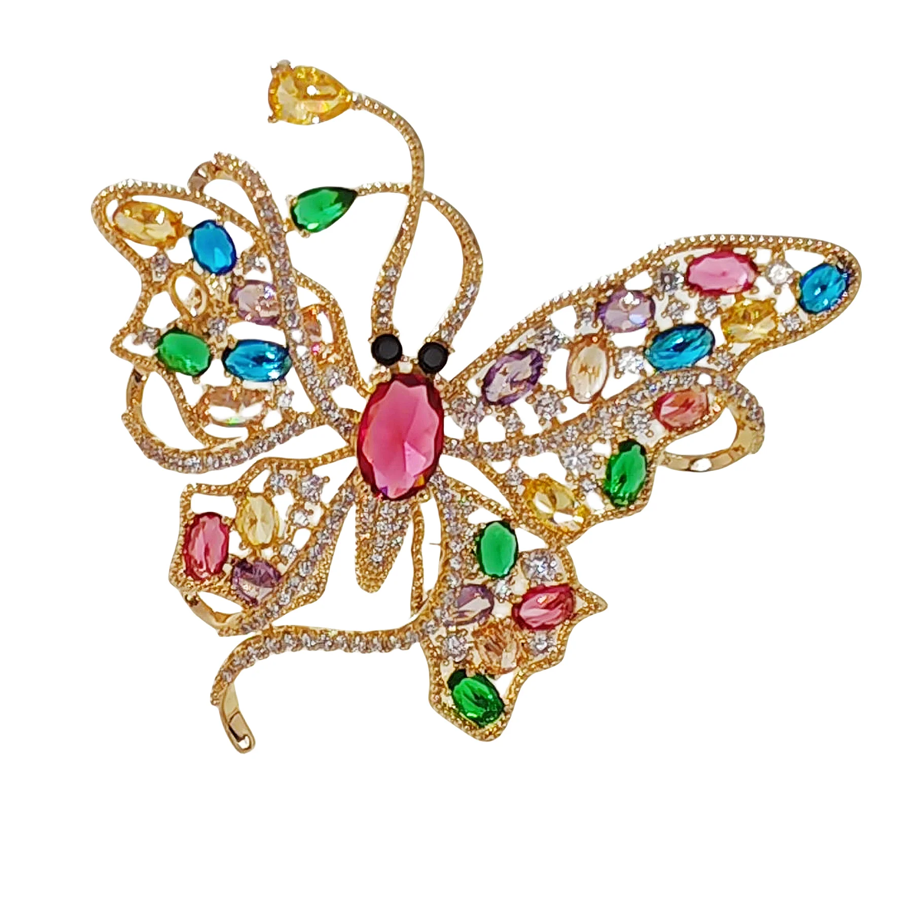 

Gorgeous Gold Tone Multi Colored Stones Accent Curled Long-tailed Butterfly Brooch Pin Swallowtail Mother Grandmom GiftJewelry