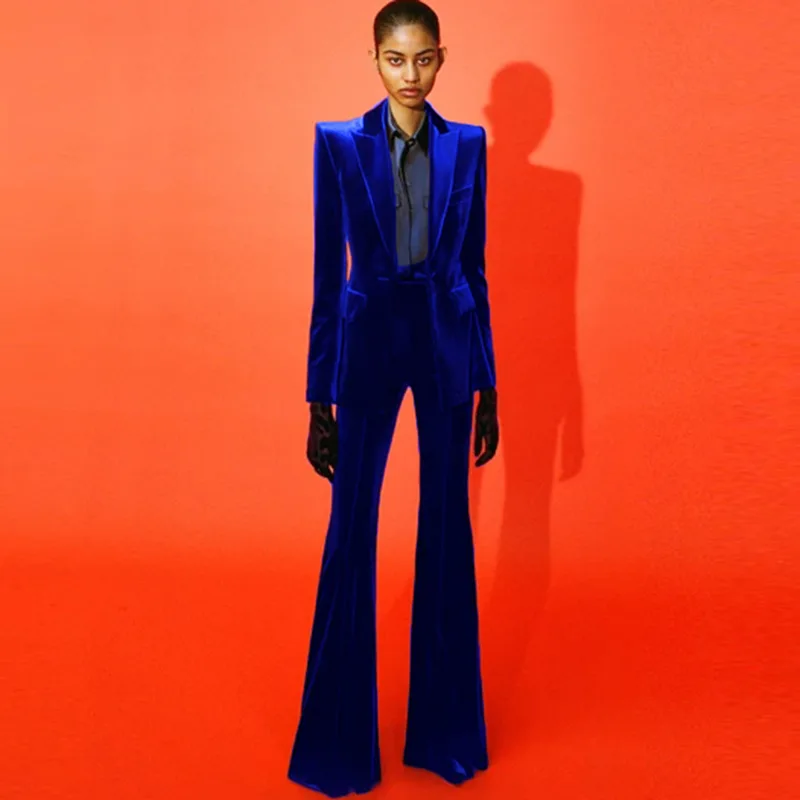 Gold Velvet Single Buckle Women Pants Suit Gorgeous V-Neck Suit Coat Flared Trousers Graceful Blue Red Long Sleeve Tops In Stock