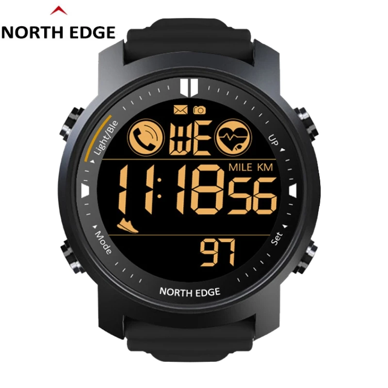 

Мужские цифровые часы NORTH EDGE, водонепроницаемые, 50 м, спортивные часы для бега, шагомер, секундомер, браслет с пульсометром, Android IOS