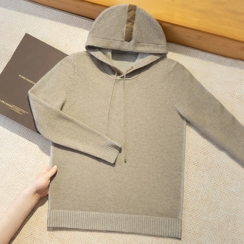 Autumn Winter New Cashmere Sweater Men's 100%Pure Cashmere Hooded Collar Knit Pullover Business Casual Long Sleeved Sports Tops