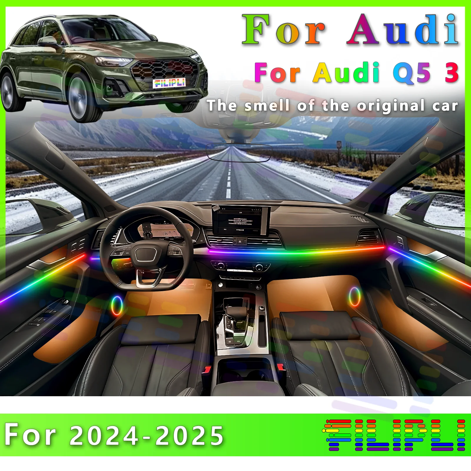 

FILIPLI For Audi Q5 3 LED 64Color Interior Light Strip with Total Color Palette for Car's Interior - Enhance Your Driving Mood