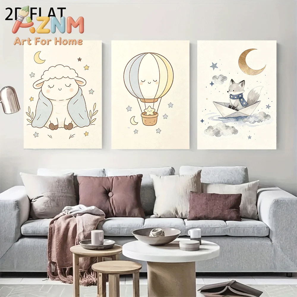 AZNM Frameless Canvas Wall Art, Cute Watercolor Sheep Hot Air Balloon Fox Print, Moon Star Cloud Cartoon Animal Art Poster for B