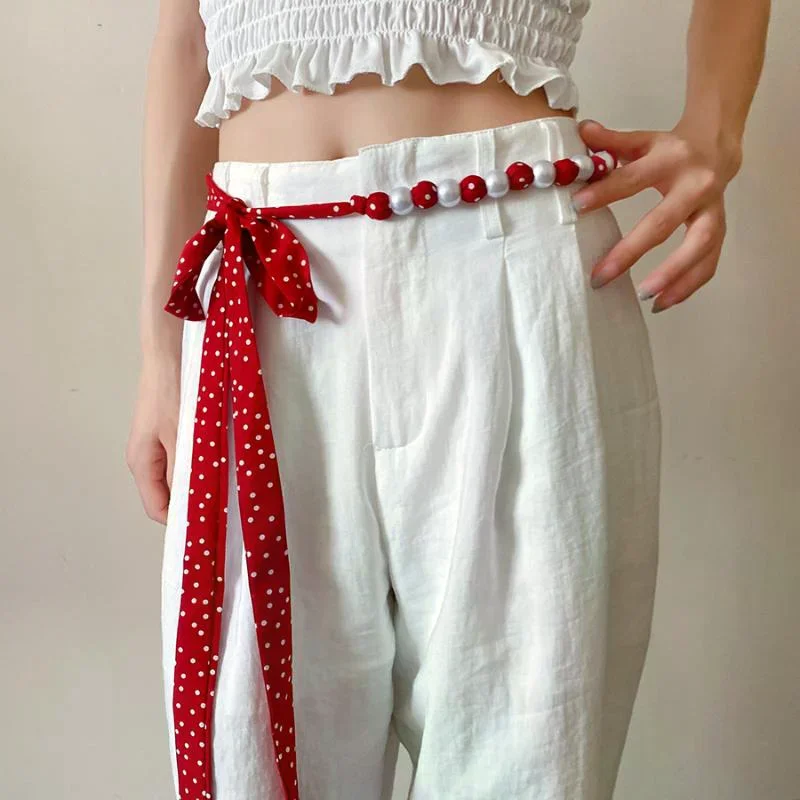 Fashion Vintage Polka Dot Long Silk Scarf Pearl Waist Chain Fashionable Luxurious Design Belt Exquisite Clothing Accessories