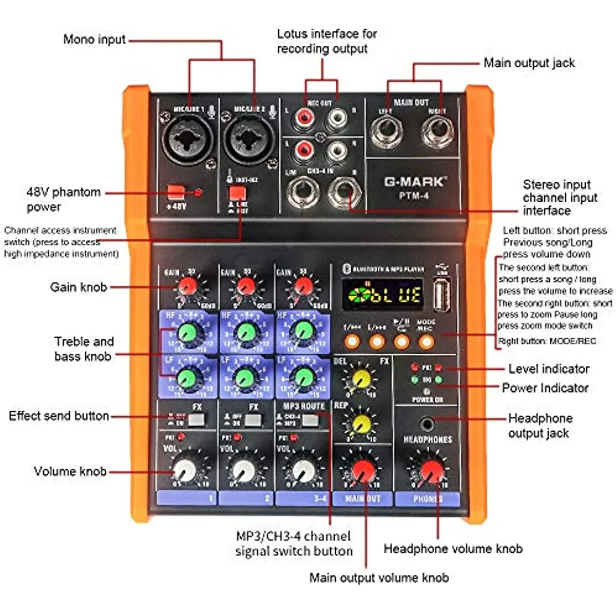Mezclador de placa de sonido PTM-4 Bluetooth 48V consola mezcladora de energía fantasma interfaz USB para estudio grabación en vivo ordenador de fiesta
