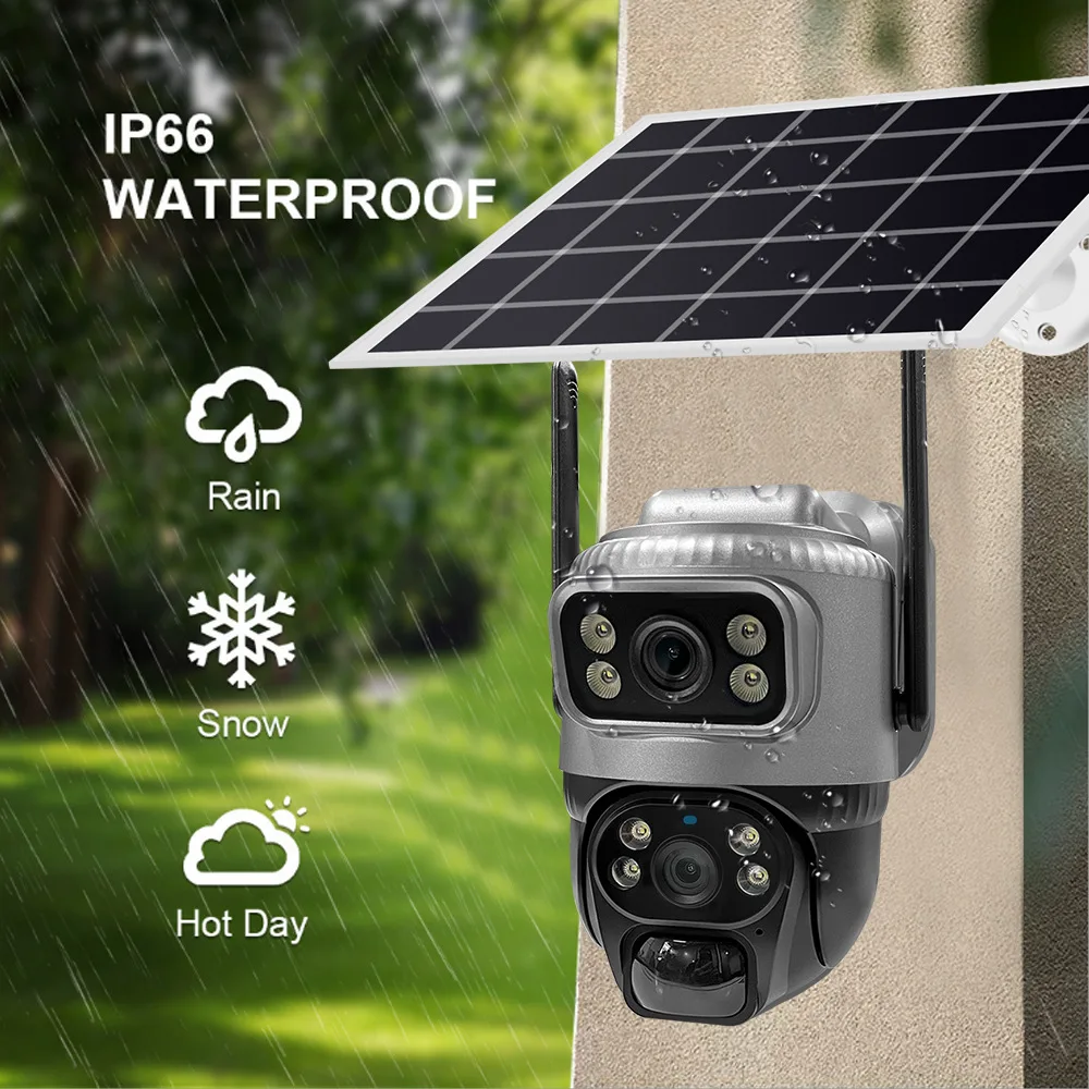 4MP Solar Camera Outdoor Dual Lens Dual Cameras Two Way Audio HD Night Vision Wireless Mobile Remote Monitor Built-in Battery