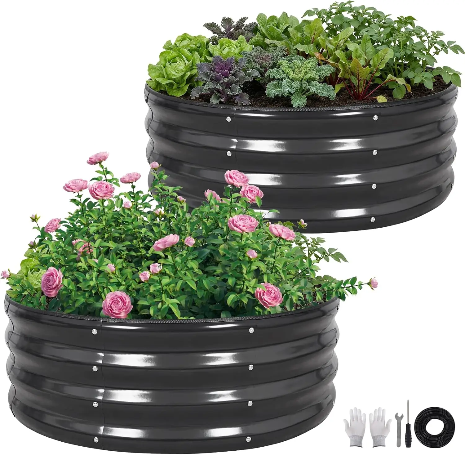

Galvanized Raised Garden Bed Outdoor, Round Metal Planter Boxes 2 Pcs, 3x3x1ft Steel Raised Bed Kit for Planting Vegetab
