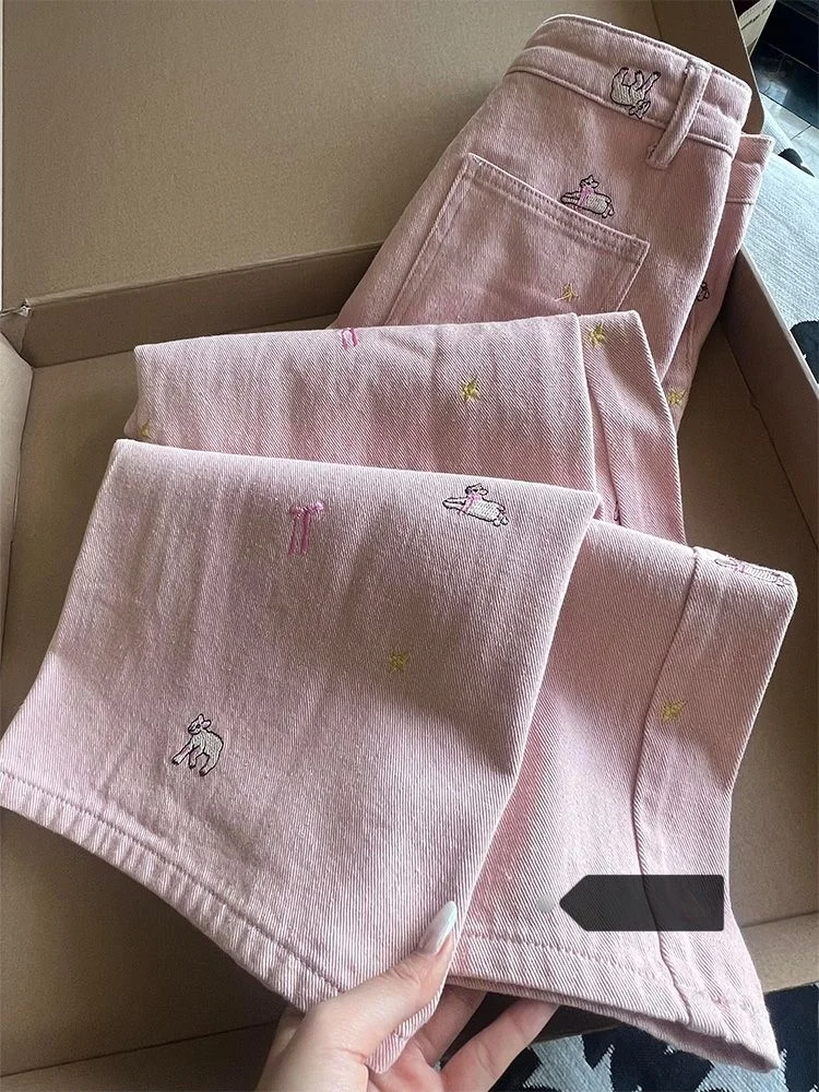 

plus Size Embroidered Pink Sheep Wide Leg Jeans Women's Loose Slim Straight Pants High Waist Denim Pure Color Four Seasons