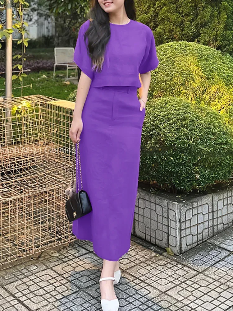 

Плюс размер ZANZEA, женские летние комплекты платьев, топы с короткими рукавами, модные макси-юбки с эластичной резинкой на талии, повседневные однотонные комплекты одежды из двух предметов