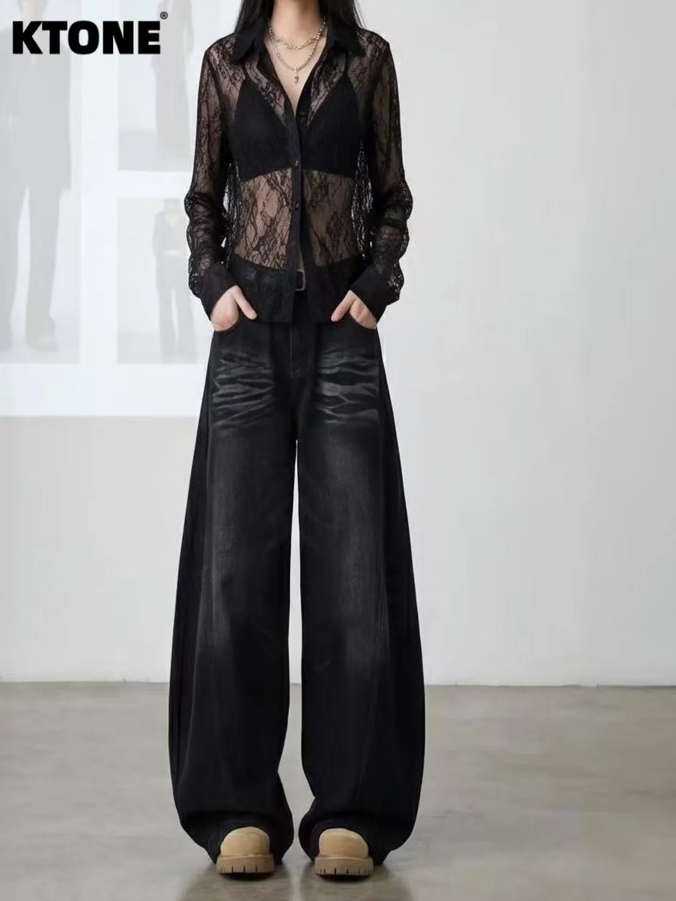 

Plain Jeans Black Baggy Denim For Man Light Retro Drip Harajuku Style No accessories or belts included