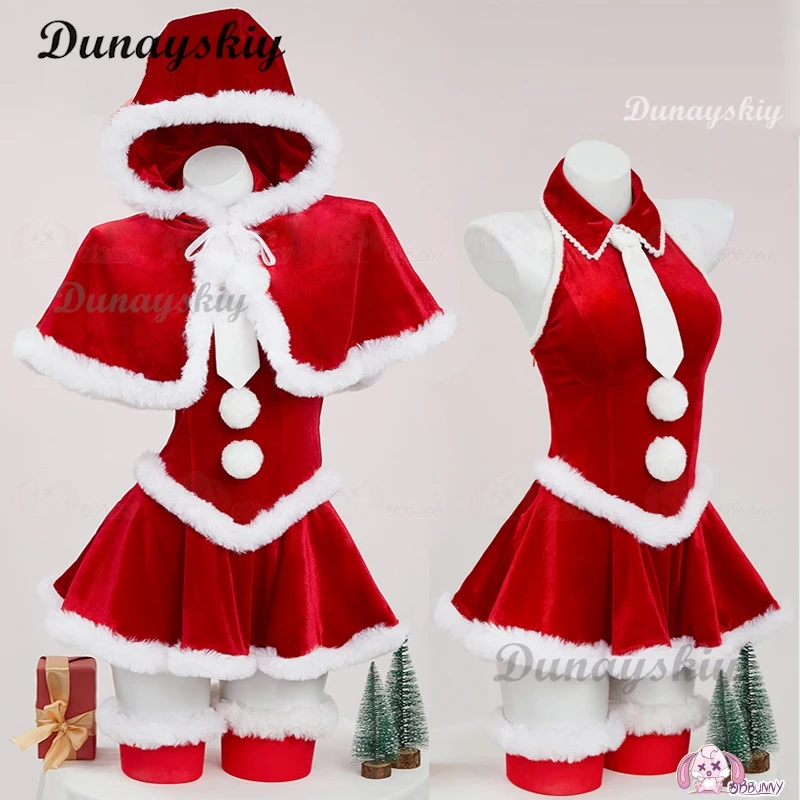 Women Lingerie Costume Christmas Red Skirt Plush Bodysuit with Cape and Sleeves Christmas Cosplay Costume