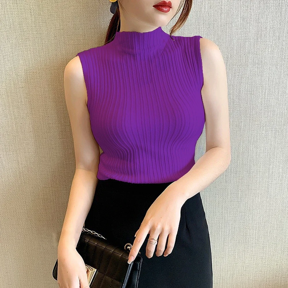 

7 Colors Size M-3XL Elegant Woman Blouse Sleeveless Shirt Women High Neck Knitted Tanks Tops Ladies Clothes Womens Sweater