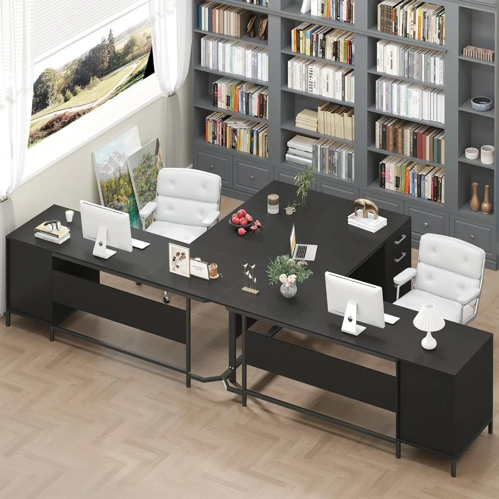 مكتب على شكل حرف L مقاس 59 بوصة مع 6 أدراج خشبية، مكتب كمبيوتر كبير بزاوية المكتب المنزلي مع خزانة ملفات تخزين، مكتب خشبي معدني حديث #6