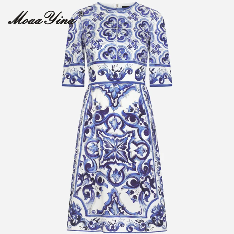 

MoaaYina Summer Fashion Designer Vintage Cotton Dress Women O-neck Blue And White Porcelain Printing Package Buttocks Midi Dress