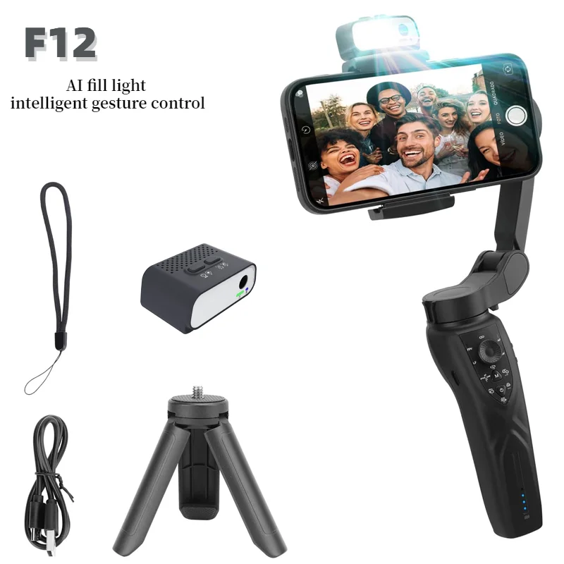 Stabilizzatore cardanico a 3 assi PTZ portatile F12 per riprese con tracciamento in tempo reale del telefono cellulare, treppiede per selfie stick