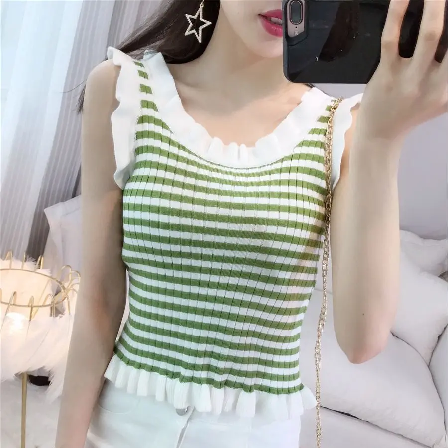 Summer 2023 New Sweet Fresh Striped Fungus Sleeves Bottom Camisole Female Outerwear Knitwear Student Tank Top Crop Tops