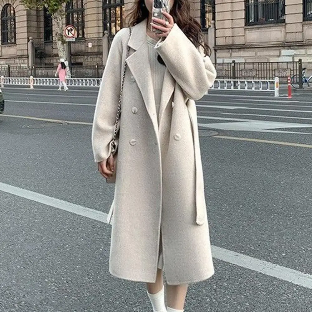 Fall Winter Women Overcoat Thickened Loose Turn-down Collar Women Coat Double-breasted Mid-calf Length Lady Midi Coat