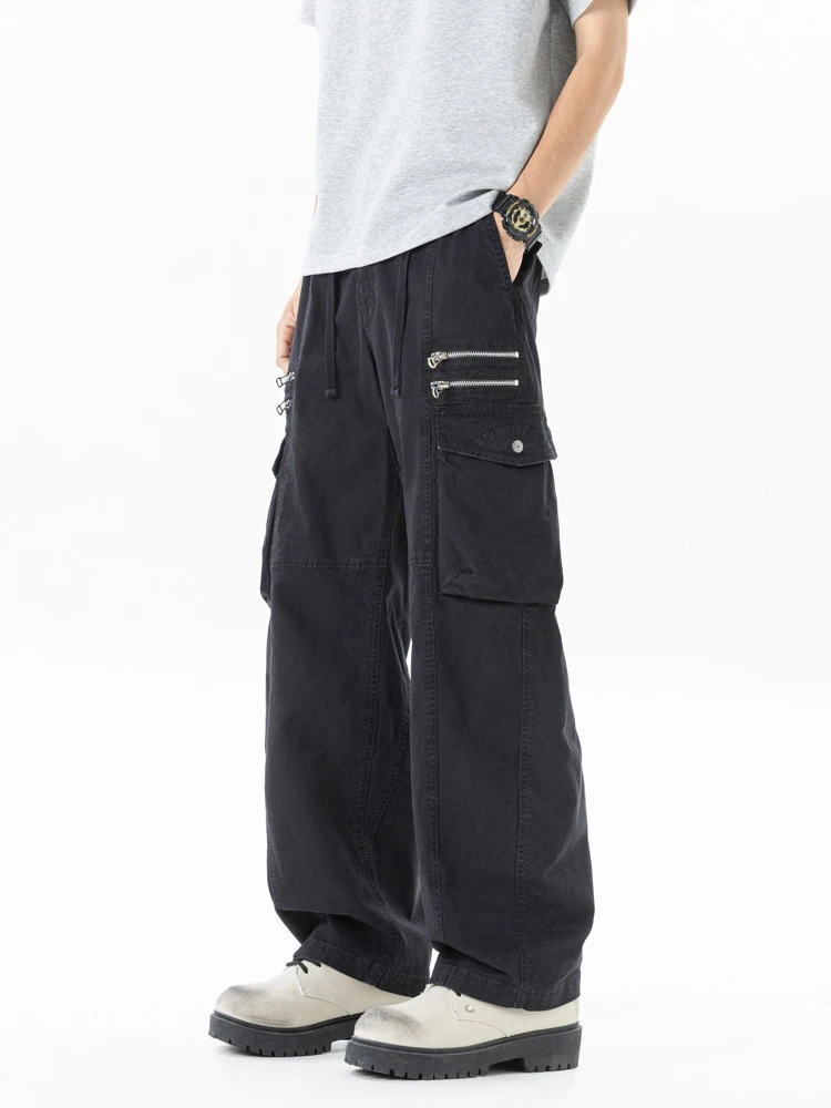 Japanese Vintage Men's Work Pants Multiple Pockets Zipper Loose Straight Leg Wide Leg Curved Knife Design for Summer 2026