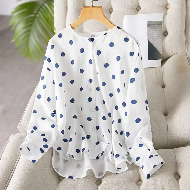 Chiffon da donna con stampa a pois irt Long Sve round Ne Lantern Sve Faionable Spring Collection Altro 00%