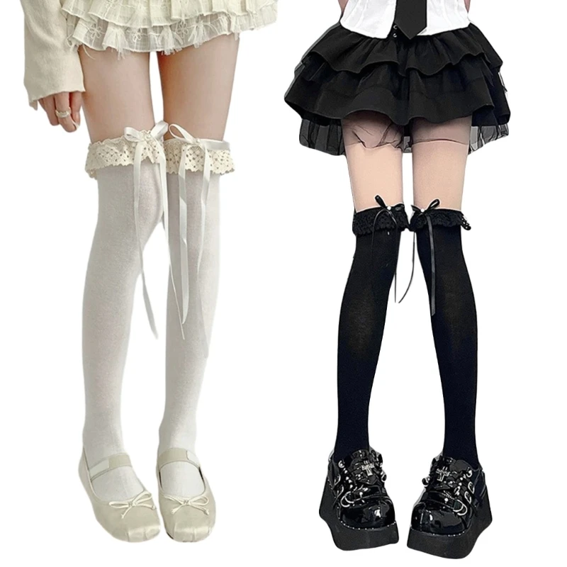 Womens Japanese Thigh High Socks JK Girl Sweet Bowknot Lace Ruffle Trim Stockings