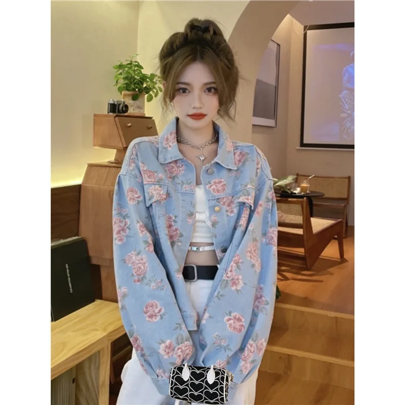 Cappotto di jeans da donna lavato monopetto Giacche con stampa Colletto rovesciato Capispalla a maniche lunghe Nozioni di base larghe Tasche Bottoni