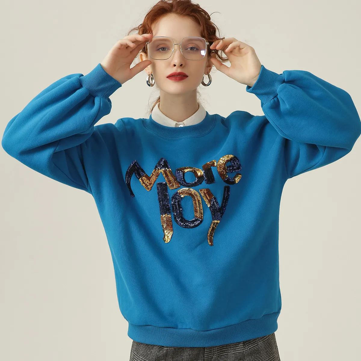 LOUIS YAO 2025 Autumn/Winter Handmade Bead Embroidered Top Loose Round Neck Long Sleeve with Thick Velvet Women's Hoodie