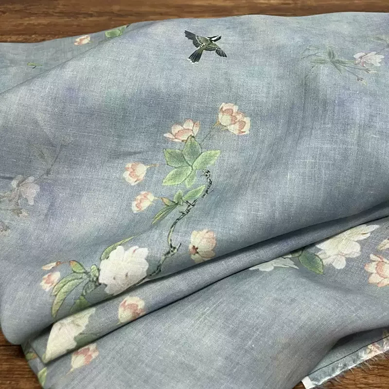 Pure Ramie Grey Printed Fabric, Used for Making High-End Summer Clothing Sewing Fabrics