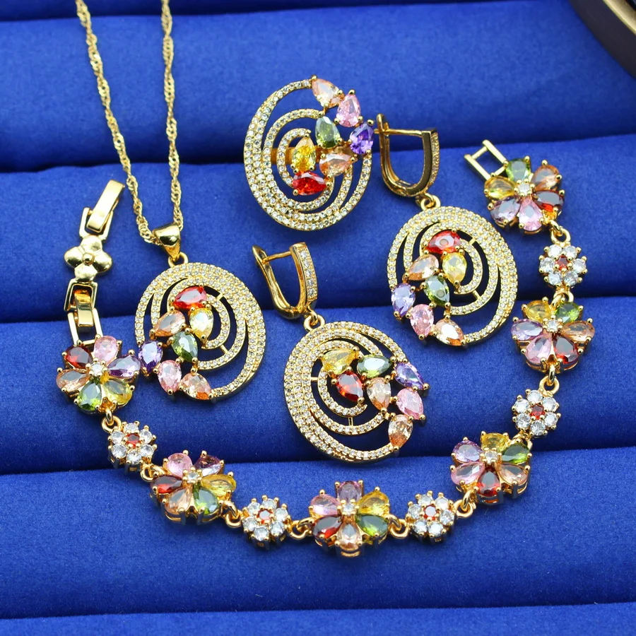 Exquisite Multicolor Crystal 18K Gold Plated Jewelry Sets for Women Earrings Necklace Adjustable Ring Bracelet Wedding Gift