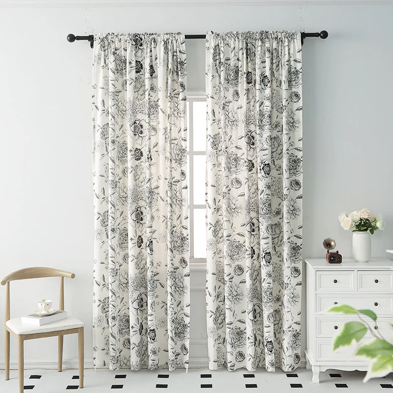 

Curtain Black Camellia Flower Printed Beige Living Room Curtains Postal Style Shading Window Treatment Farmhouse Home Decoration