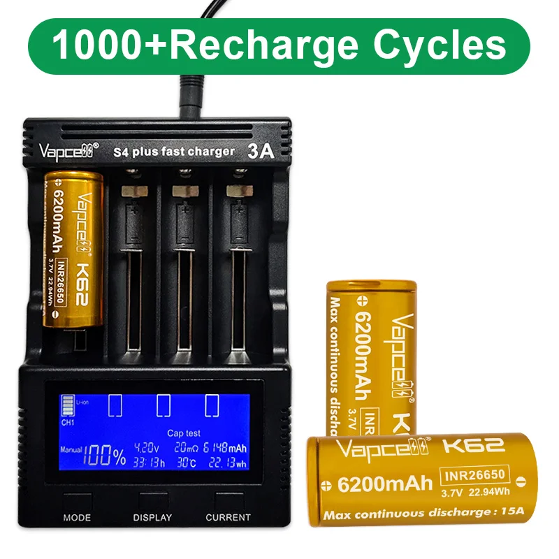 Original Vapcell INR 26650 K62 Battery High Capacity 26650 6200mAh 15A 3.7V Rechargeable Lithium  Batteries For Energy Storage