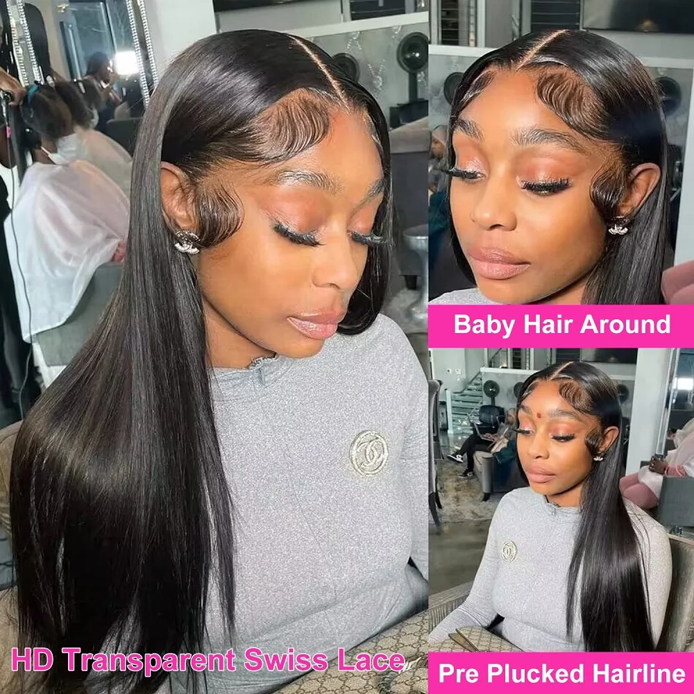 Peluca de cabello humano liso, postizo de encaje Frontal 13x4, transparente, prearrancado, nudos blanqueados