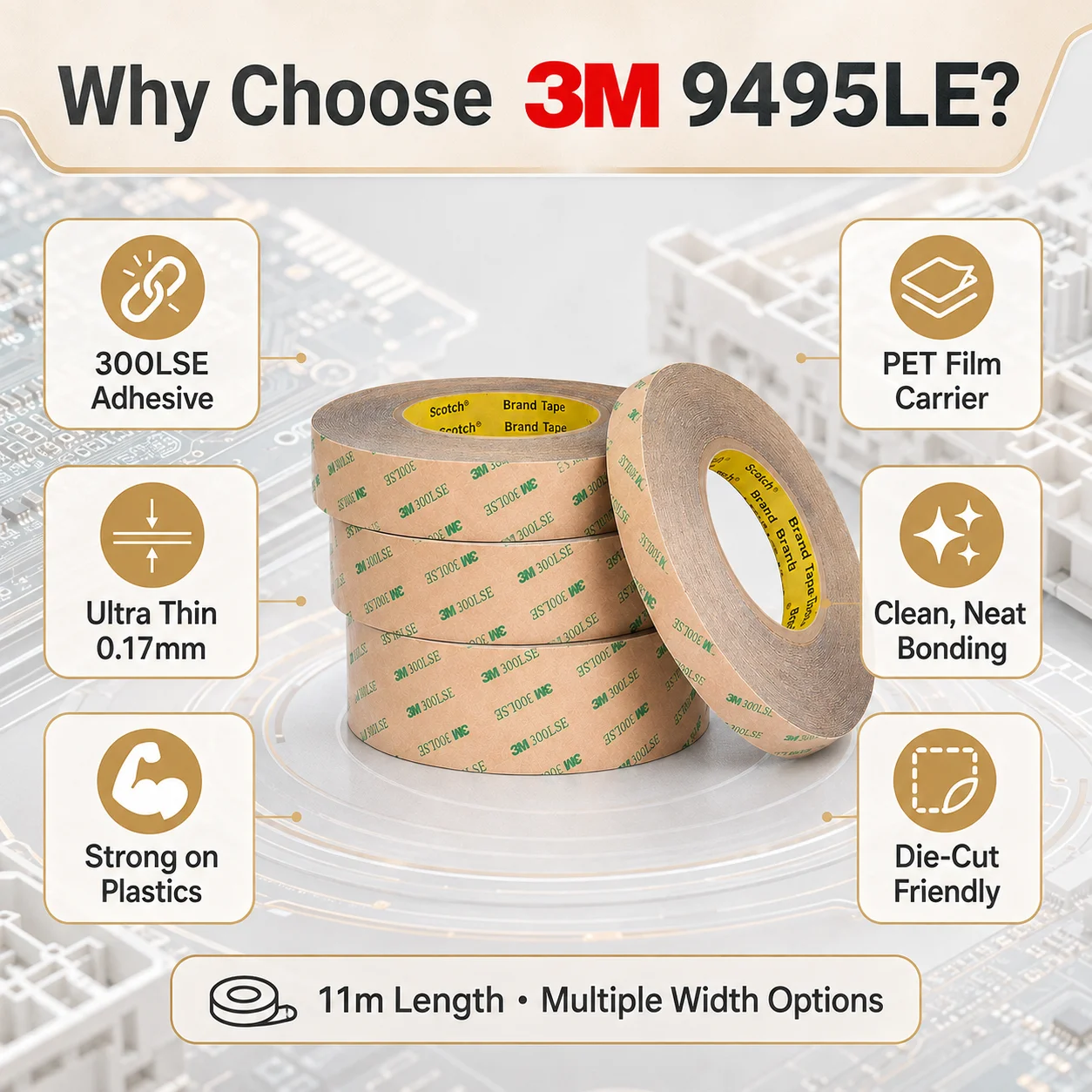 3M 9495LE Double Sided PET Tape 300LSE Acrylic Adhesive For Electronics Plastic Parts Automotive Trim 0.17mm 11m