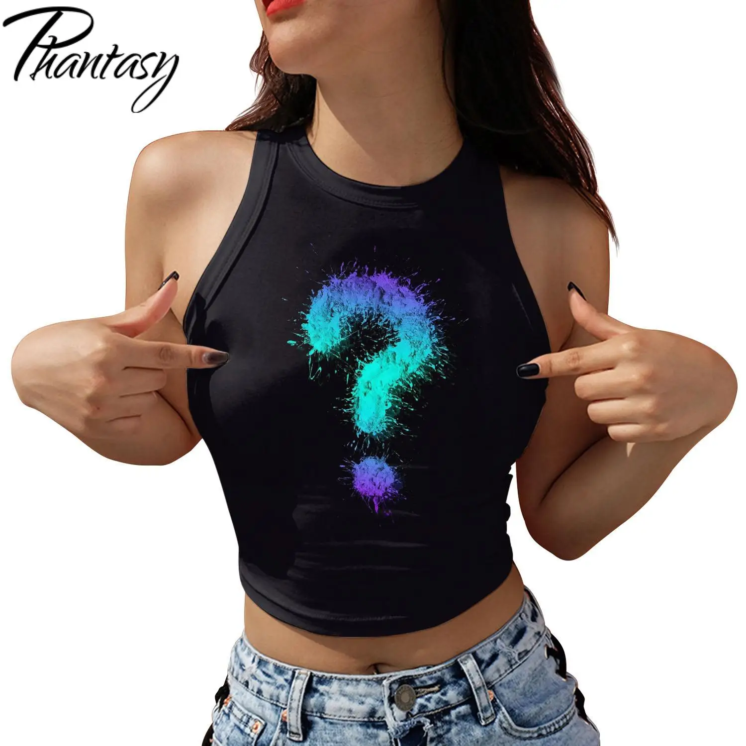 Phantasy Women's Question Mark Mathematical Symbol Print Graphic Tank Top Y2K Summer Streetwear Black Sleeveless Bodycon Top