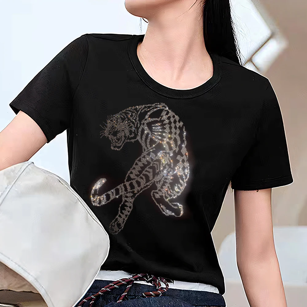 

Summer Hot Sale Women’s Tiger Head Crystal Diamond T-Shirt High-Quality Rhinestone Sewn Round Neck Casual Short Sleeve tees