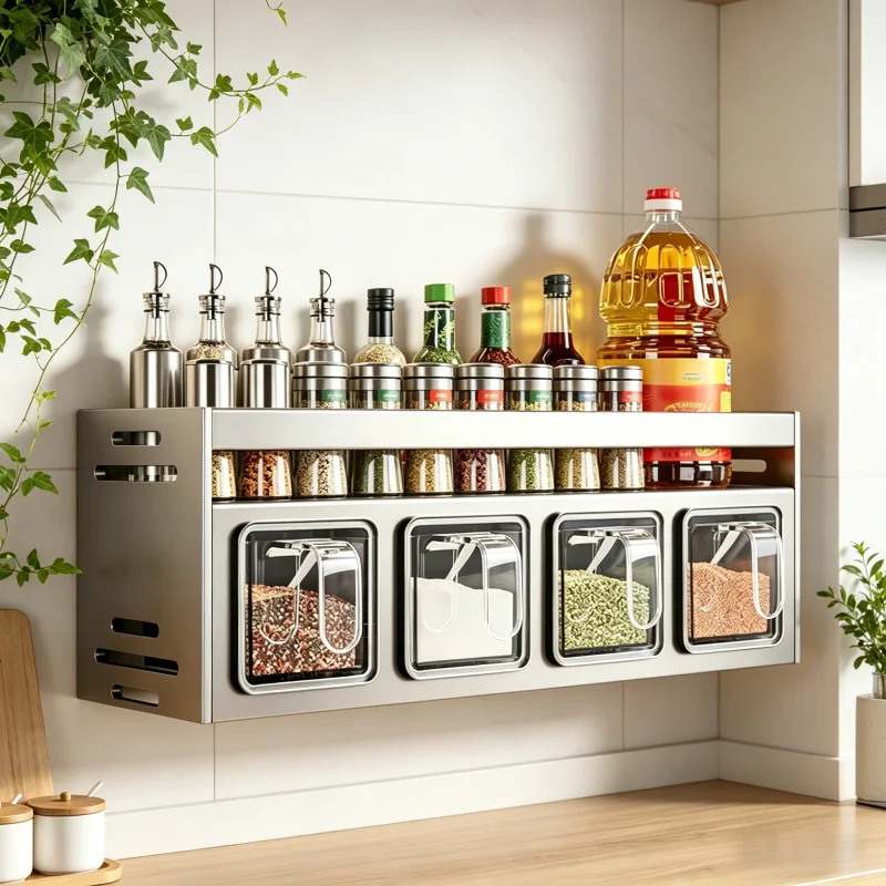 Sturdy stainless steel wall rack for kitchen, wall mounted organizer for spice box, jar and daily kitchen storage