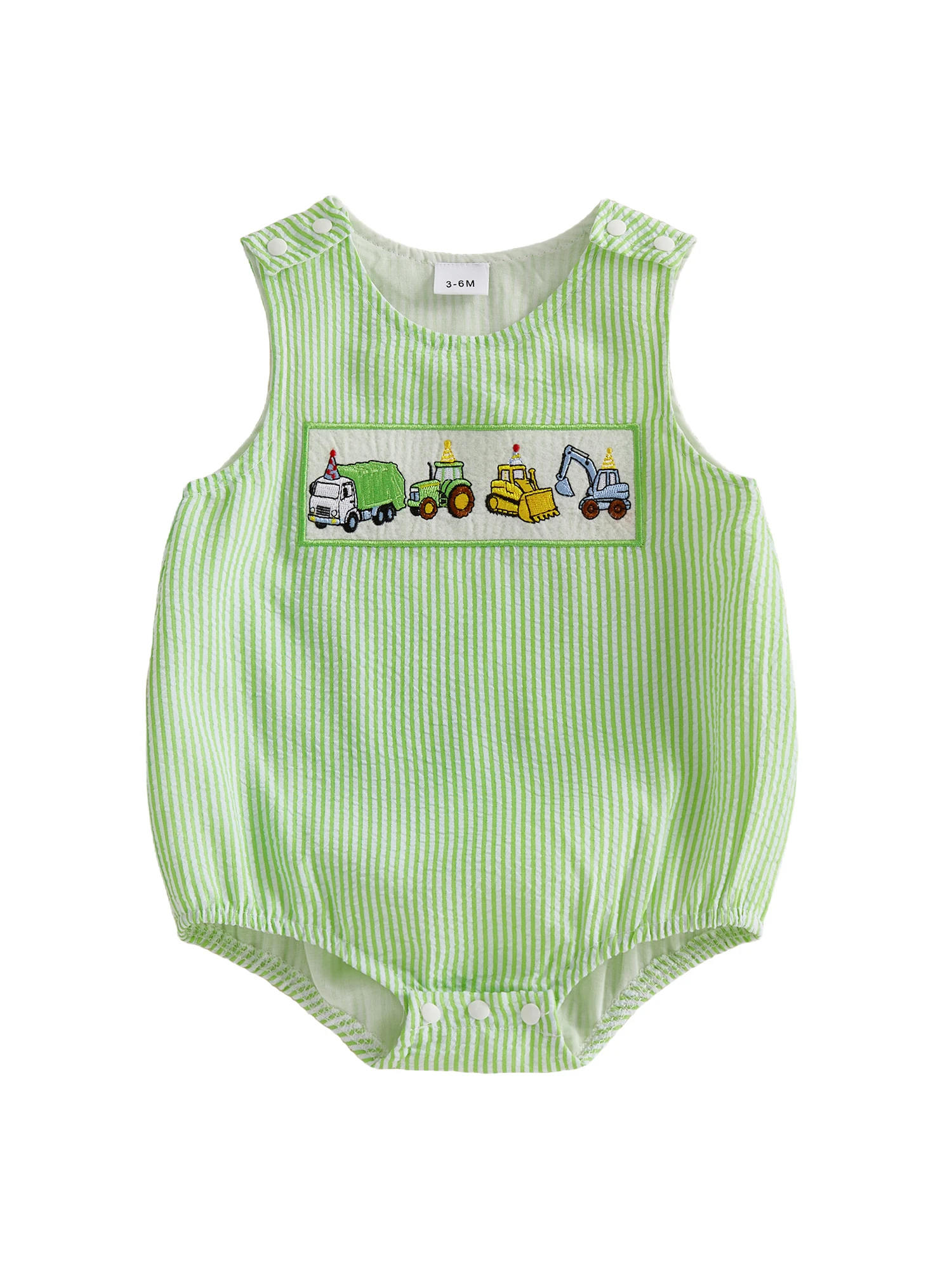 

Очаровательный полосатый комбинезон для маленького мальчика на день рождения с забавной вышивкой в виде мультяшной машинки и стильным дизайном без рукавов