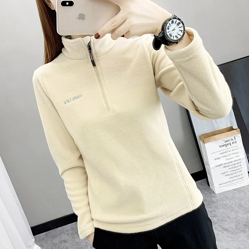 Women Outdoor Sports Fleece Jacket Spring Autumn Thin Breathable Warm Long Sleeve Pullover Sweater Running Hiking Climbing Shirt