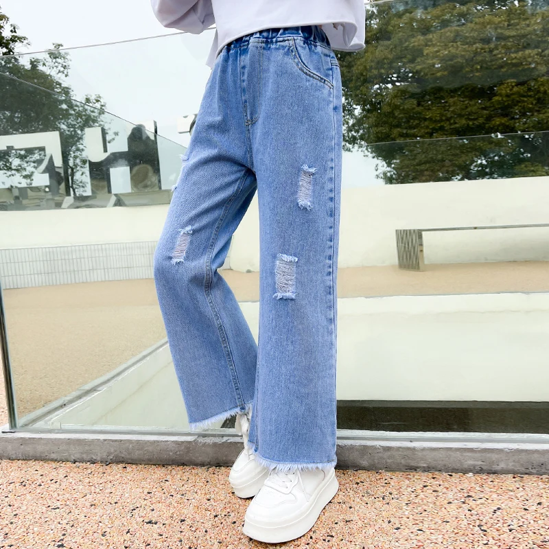 Brand Factory Cheap Girls' Jeans Ripped Washed Children's Long Pants 2022 New Style Raw Edge Luxury Design Boys Blue Pants