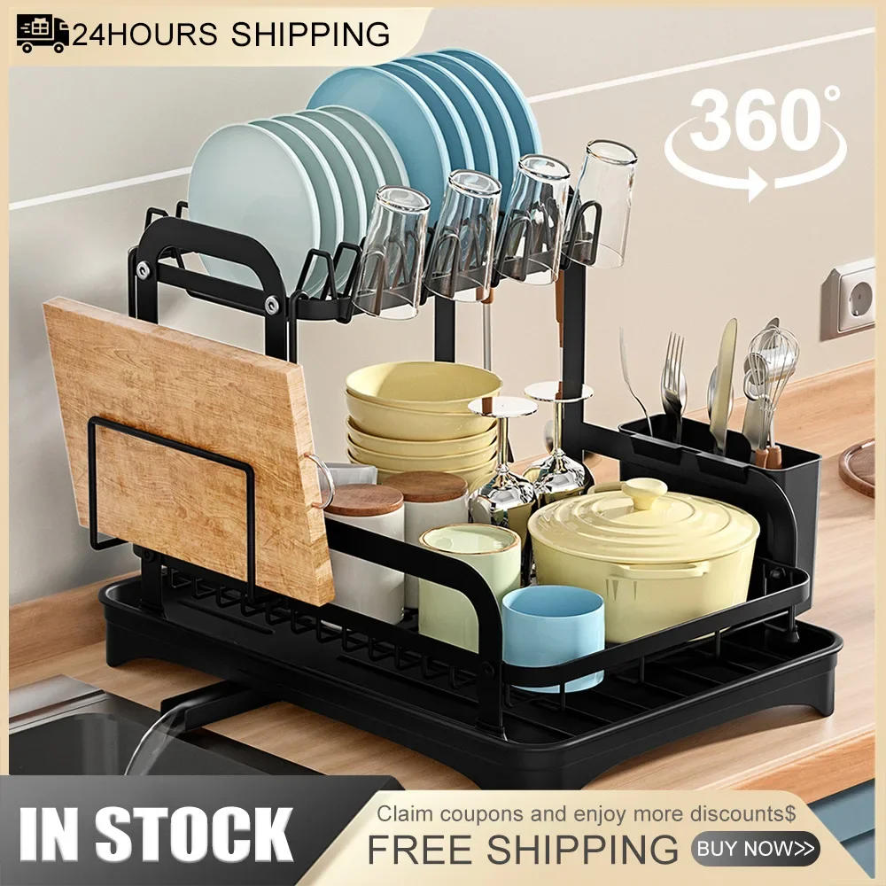 2 Tier Dish Drying Rack with Drip Tray Kitchen Sink Organizer Chopstick Holder Cutting Board Holder 360-Degree Retractable Drain