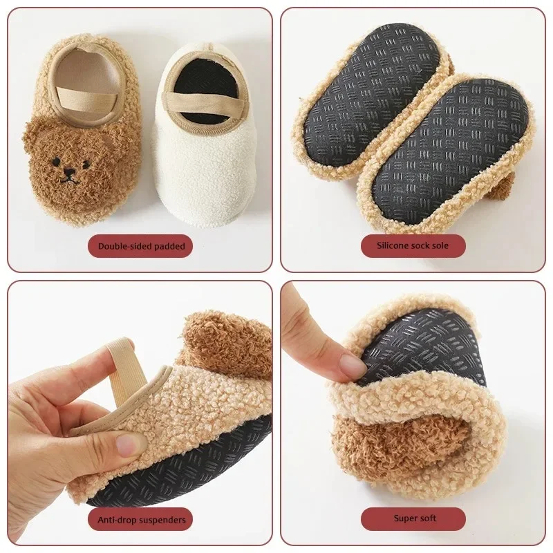 Cartoon Bear Baby Shoes Winter Thick Warm Newborn Shoes Non-slip Soled Soft Plush Toddler Kids Boy Girls Infant First Walkers