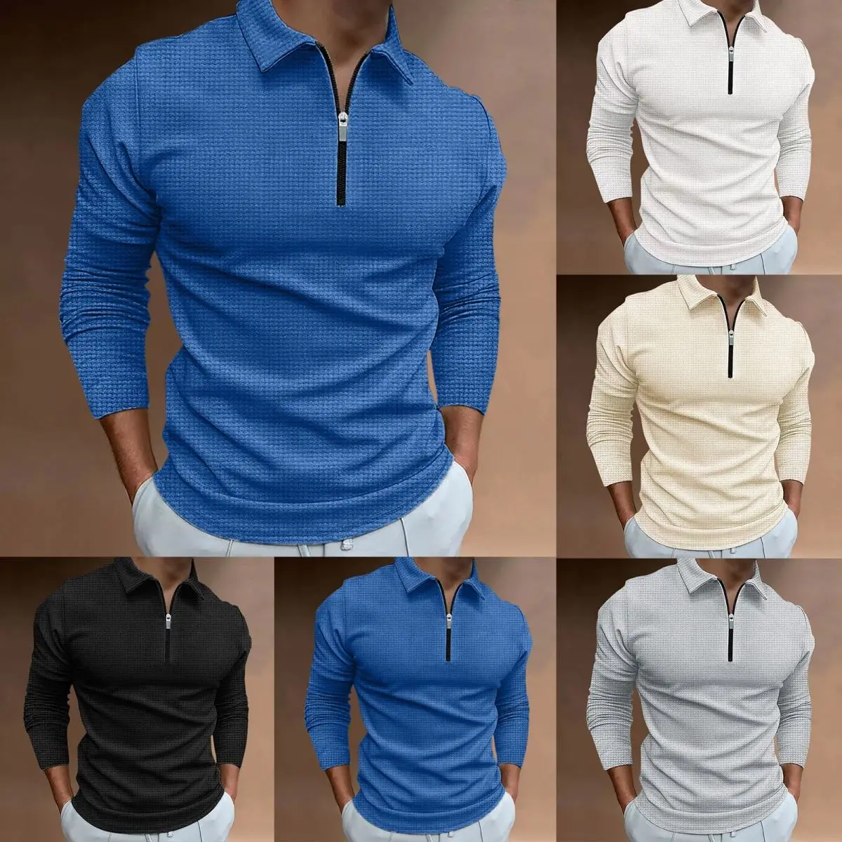 Autumn New Plaid Zipper Long Sleeved Polo Shirt for Men's Comfortable T-shirt Top