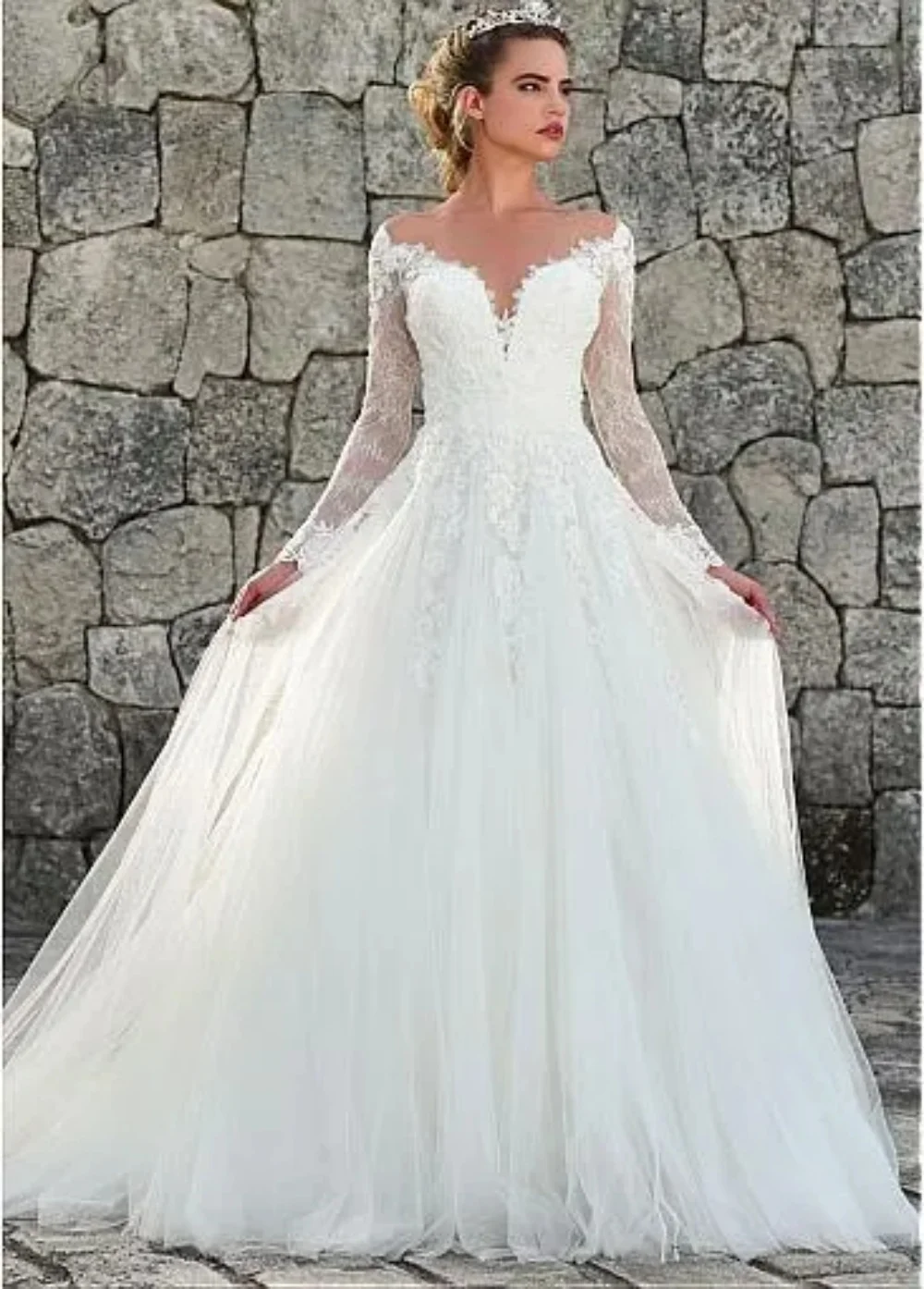 Robe de mariée en tulle transparent à manches longues et col rond, ligne A, appliques en dentelle, adaptée aux patients, nouvelle robe de soirée de mariage, 2024