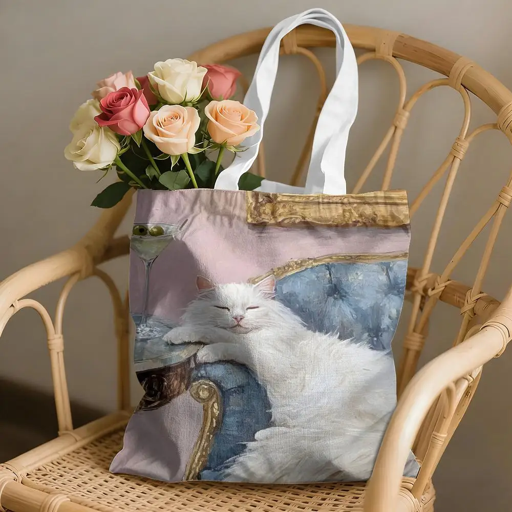 Leisure Cat Art Storage Bags Canvas Double Sided Print Fashion Shoulder Tote Shopping Bag Gift Eco Handbags