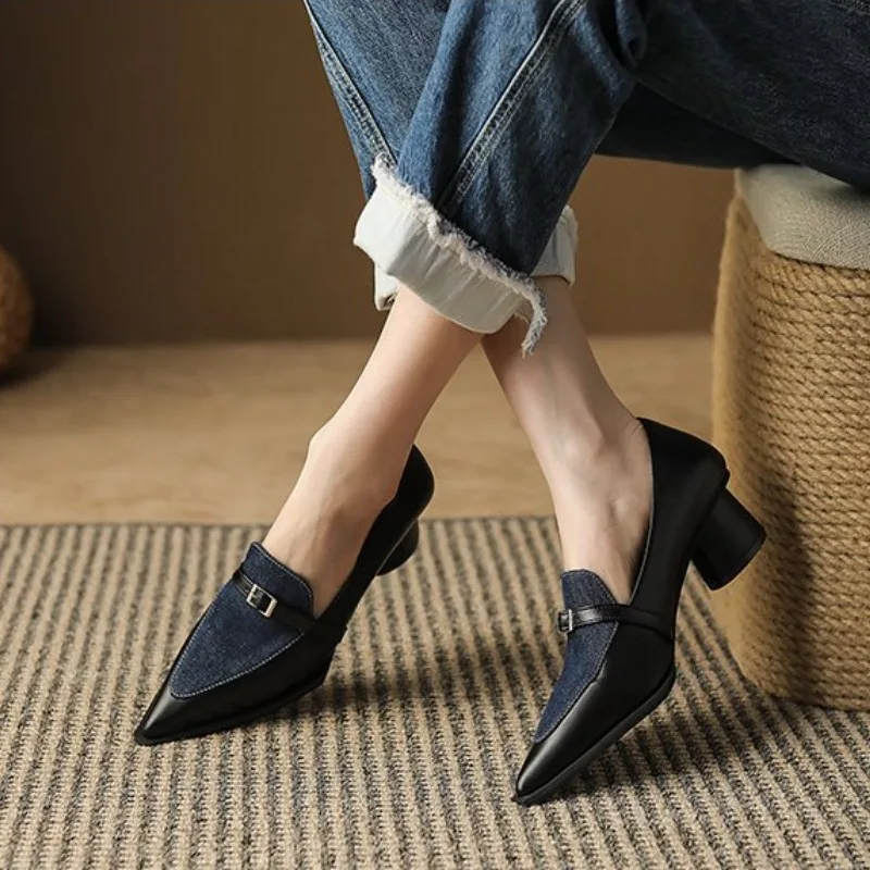 2024 New Summer Style Fashionable Comfortable Wear-resistant Belt Buckle Thick Heel Medium Pointed Matching Women's Single Shoes