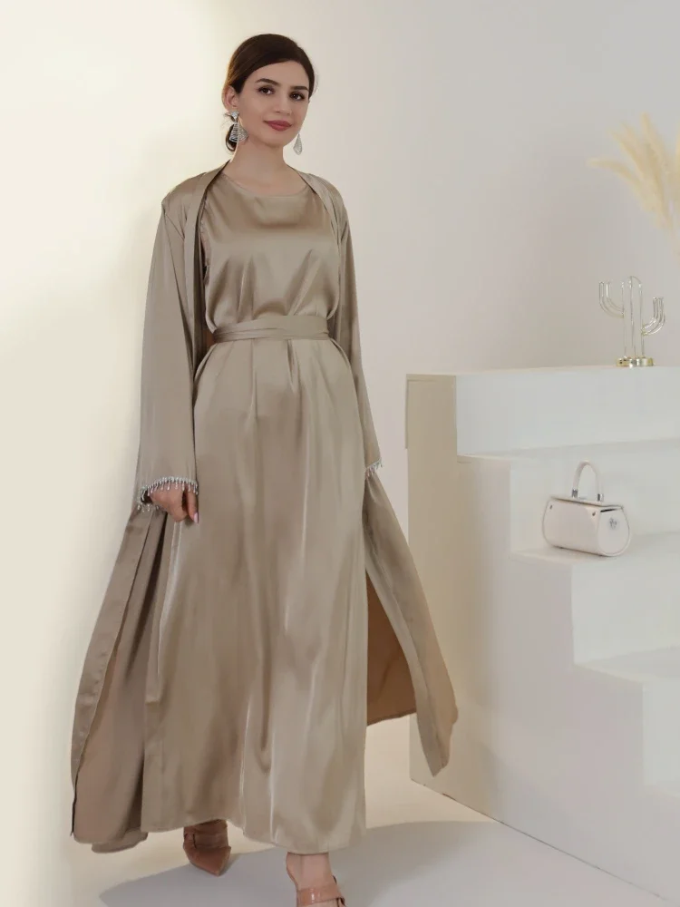 فستان عباية للعيد للنساء مطرز بالخرز طقم عبايات حفلات من الساتان الحريري مكون من قطعتين فساتين رمضان العربية السعودية رداء قفطان قفطان